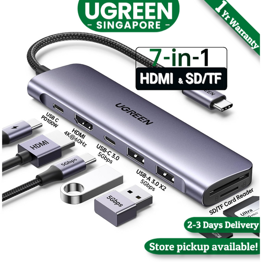 UGREEN 15214 7in1 USB C Hub, 5 Gbps USB-C Hub with 4K HDMI, 100W Power Delivery, USB-C and 2 USB-A Data Ports, SD/TF Card Reader, Multiport Adapter forPC, Laptop, iMac, MacBook Air, iPad, iPhone 16/15