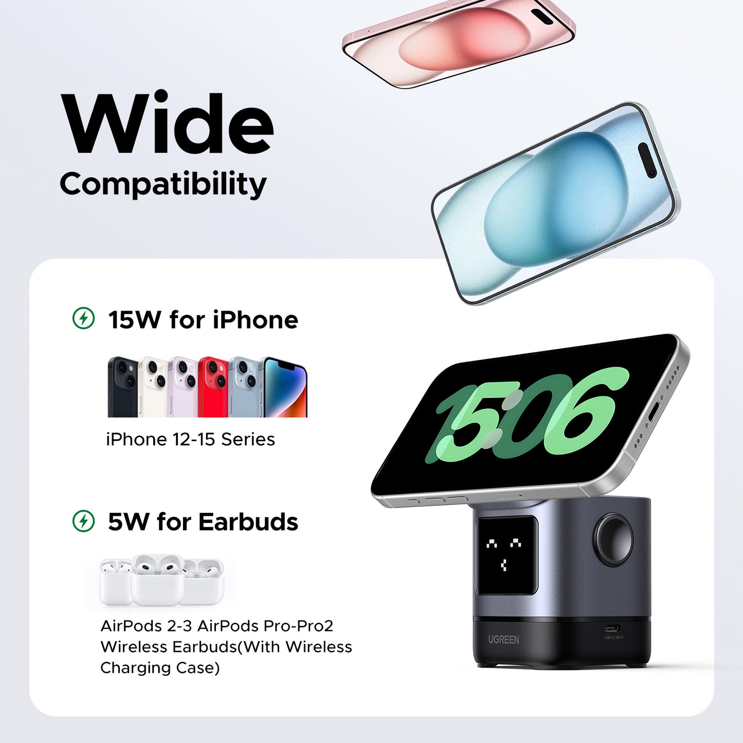 UGREEN Uno Qi2 Certified 15W Wireless Charger Stand, 2-in-1 Foldable Charging Station Compatible with iPhone 16/15/14/13/12 Series, AirPods 2/3/4/Pro (No AC Adapter)