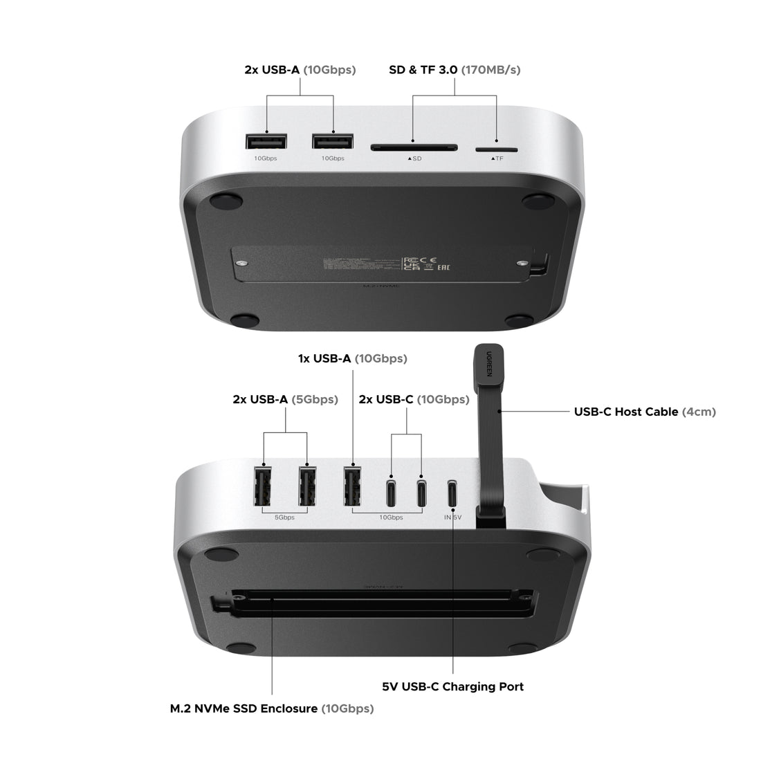 UGREEN 11-in-1 USB C Hub Docking Station for Mac mini M4 / M4 Pro, Base Stand with M.2 NVMe SSD Enclosure, 10Gbps Type C Splitter, SD TF Card Reader Desk Organizer