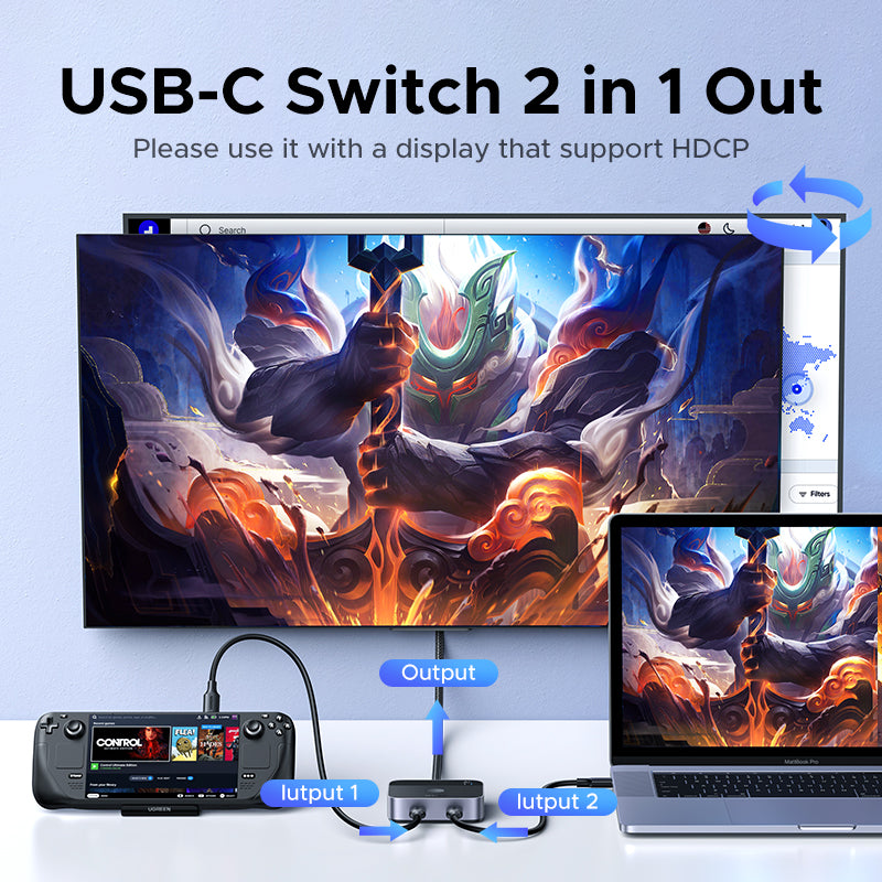 UGREEN USB C+HDMI Switch 2 in 1 Out 4K60Hz, Aluminum HDMI+USB C Switcher 2 Computers Supports 3D HDR HDCP2.2 Compatible with Laptops, Tablets, MacBook Air/Pro, Smartphones, Steam Deck, PS5/4, Xbox