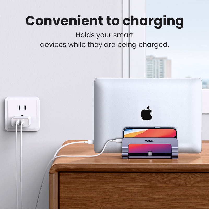UGREEN Vertical Laptop Stand for Desk, Dual Slot Aluminum Holder, Adjustable Dock, Compatible with MacBook, Chromebook, up to 17.3 Inch, Grey