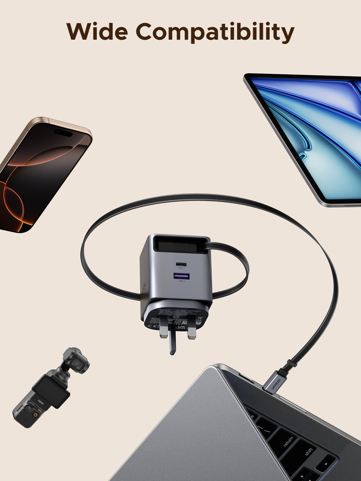 UGREEN Nexode Pro USB C Charger Plug, 65W 3 Port Fast Charger Plug with Retractable Cable(69cm), USB C Charger Compatible with iPhone 17 Pro Max/16/15/14/13/12, iPad, Galaxy S25 Ultra/S24/S23, Pixel 10 Pro XL/9/8,Macbook,Lenovo,Dell