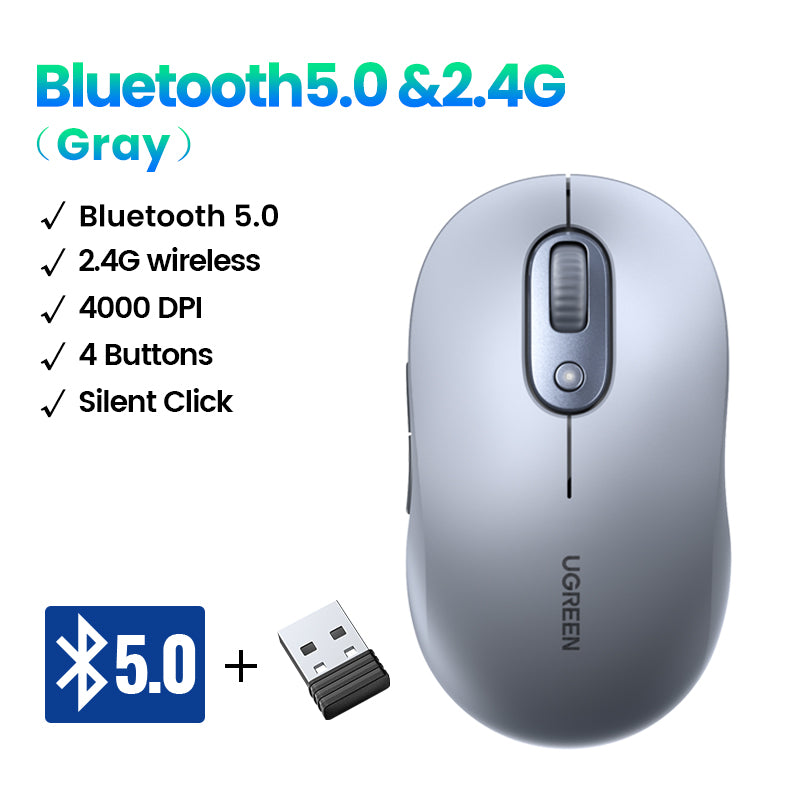 UGREEN Wireless Mouse Bluetooth & 2.4GHz Mice Ergonomic 4000DPI 6 Mute Buttons for Laptop Computer Desktop WIndows Mac OS Mouse