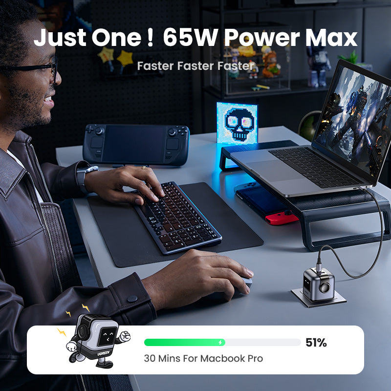UGREEN Uno Charger 65W RobotGaN Charger 2 USB C 1 USB A Wall Charger GaN Charger for MacBook Pro/Air, Dell XPS, iPad Mini/Pro iPhone 16 15 Pro Max iPhone 16 15 Plus Samng Galaxy S24 Ultra Z Fold5 M14 Z Flip5 A35 A55, Pixel, and More