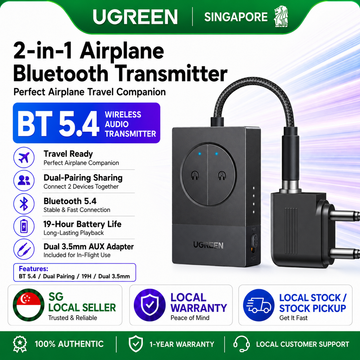 UGREEN 2-in-1 Airplane Bluetooth Transmitter [Dual Pairing & 19H Playtime] Wireless Audio Adapter with Dual 3.5mm AUX Plug