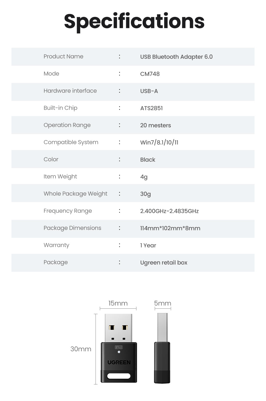 UGREEN USB Bluetooth 6.0 Dongle Adapter for PC Speaker Wireless Mouse Keyboard Music Audio Receiver Transmitter Bluetooth