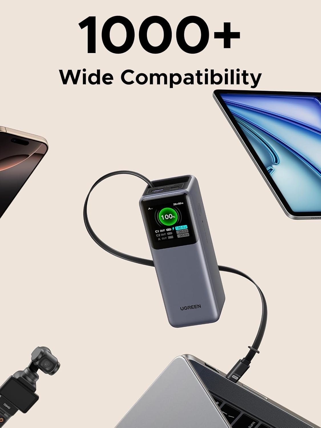 UGREEN Nexode Power Bank 20000mAh 165W with Built-in USB C Cable Laptop Travel Portable Charger, 100W Input, Fast Charging for MacBook Pro/Air/iPhone 16/iPad Pro/Galaxy S25 Ultra/Dell/HP and More