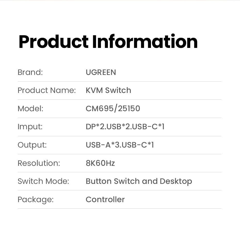 UGREEN DisplayPort KVM Switch 8K60Hz DP USB 3.0 with 3 USB ,1 Type-C Switch 2 Ports for 2 Computers Share 1 Monitor Keyboard Mouse Hard Drives Printer with 2 DP Cables, 2 USB Cables and Controller
