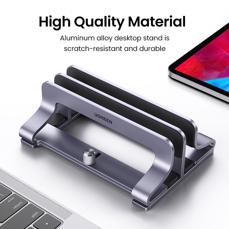 UGREEN Vertical Laptop Stand for Desk, Dual Slot Aluminum Holder, Adjustable Dock, Compatible with MacBook, Chromebook, up to 17.3 Inch, Grey