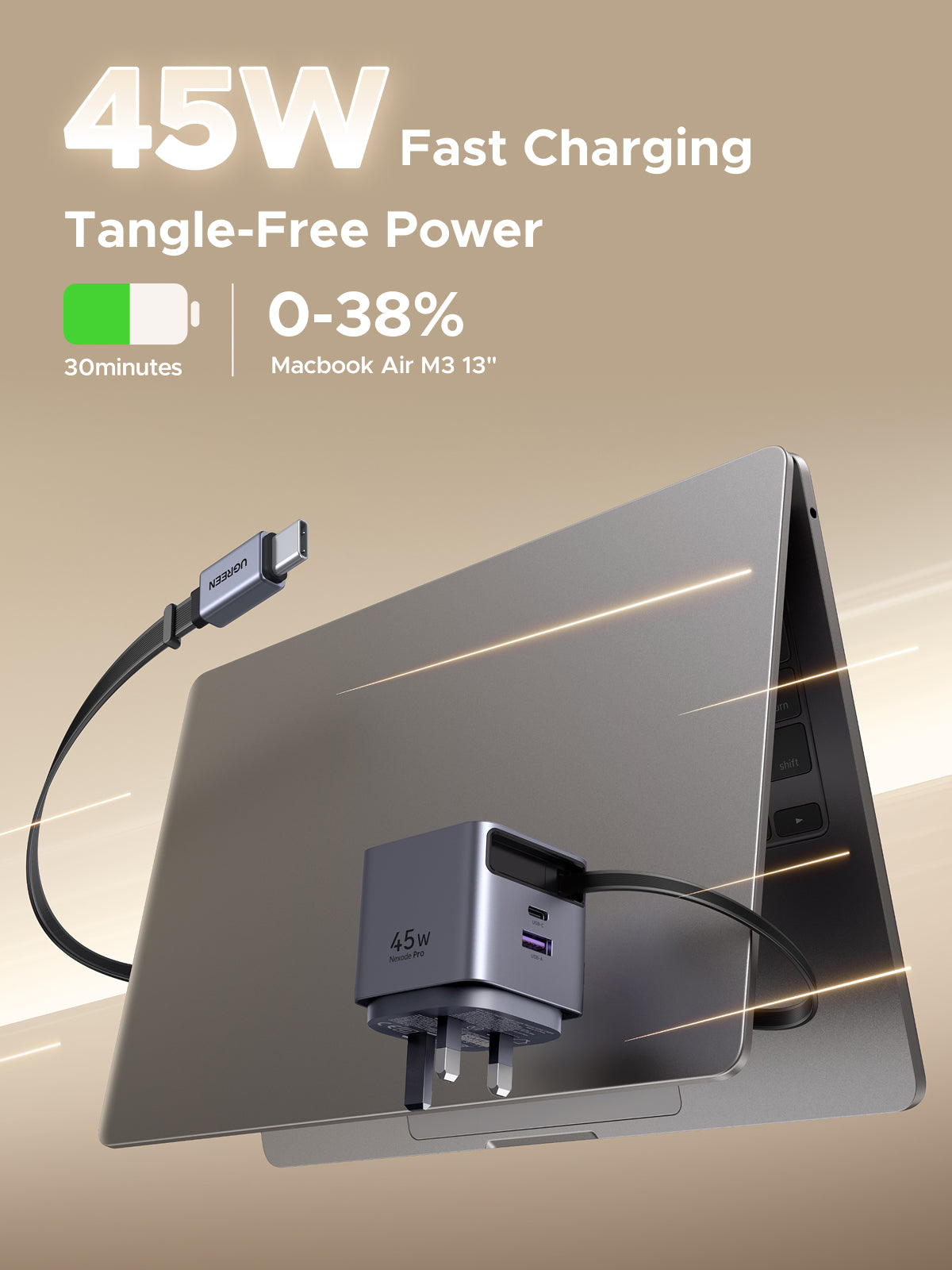 UGREEN Nexode 45W 3 in 1 Compact GaN Charger, Retractable USB C Fast Wall Charger Compatable for iPhone 16/15/14/13/12/11 Series, Galaxy, Pixel, iPad