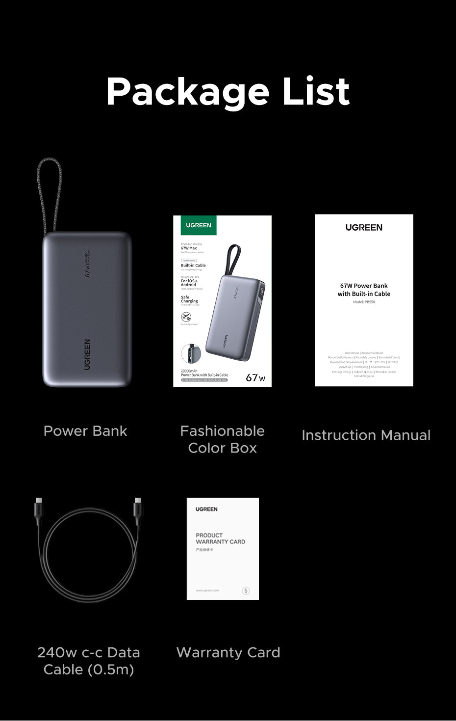 （3C Certification）UGREEN 85166B 20000mAh 67W Fast Charging Power Bank – 3C Certified with Built-in USB-C Cable