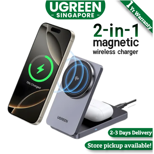 UGREEN 2-in-1 20W MagFlow Wireless Charger, 15W Fast Charging Stand for iPhone 16/15/14 Pro Max, 7.5W for iPhone 16/15 Plus, Compatible with AirPods Pro/Max, Xiaomi Air, Samsung S24 Ultra/S23, Galaxy Buds, Earphones, Phone Holder Included