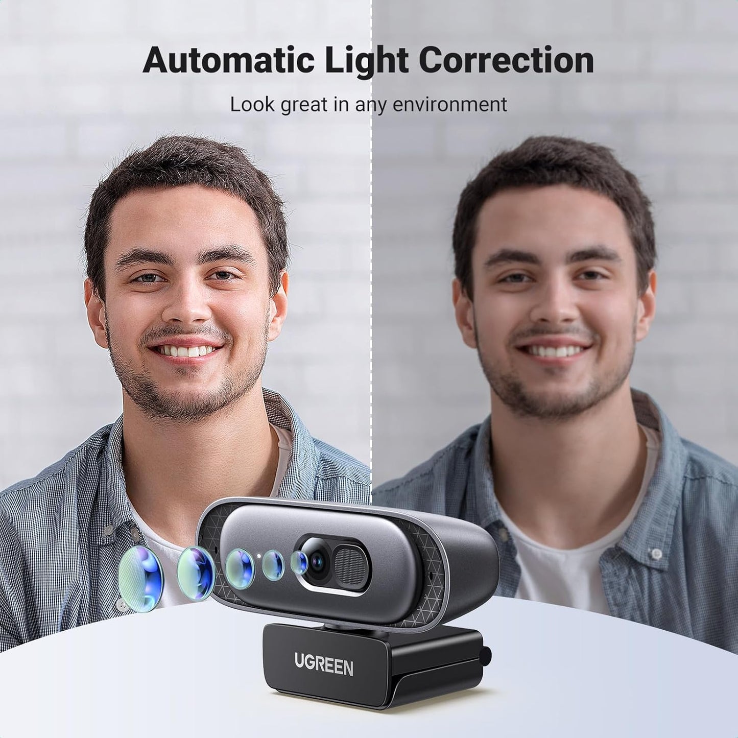 UGREEN 2K Webcam for PC, Full HD 1080p60fps Web Camera, Auto Focus & Light Correction, Dual Mic for Clear Stereo Audio, Plug and Play for Zoom, Skype, Streaming, Video Calling, Conferences