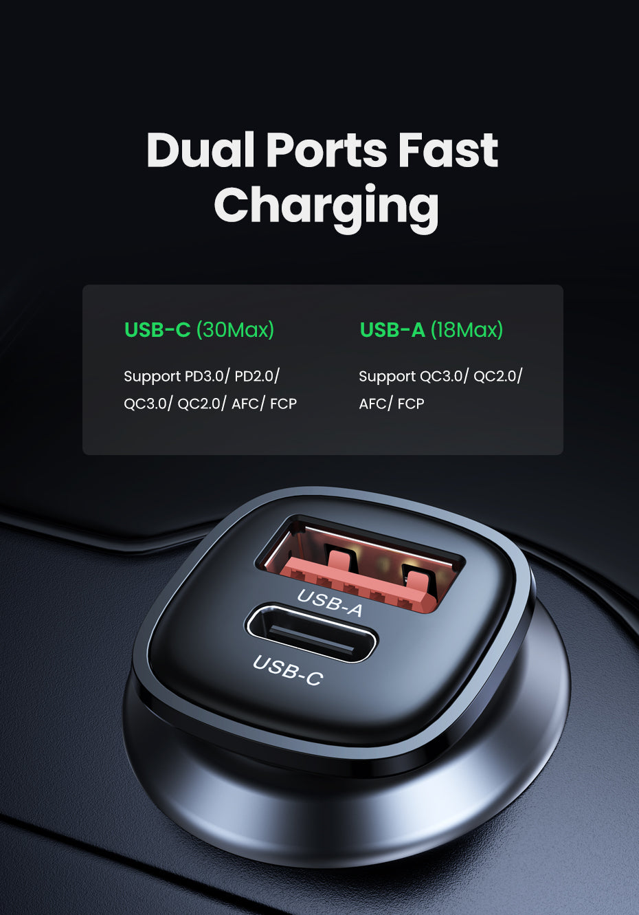 UGREEN 25845 30W USB C Car Charger, 2 Port Car Charger PD 30W/SCP 22.5W, Mini Car USB Charger with LED Light