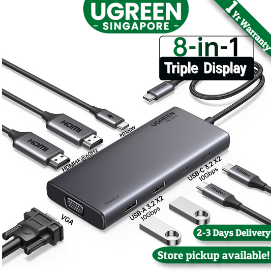 UGREEN Revodok 8 in 1 USB C Hub Triple Display Docking Station Dual HDMI, VGA, 10Gbps USB C& A Data Port USB C Dock for Dell XPS Thinkpad and More