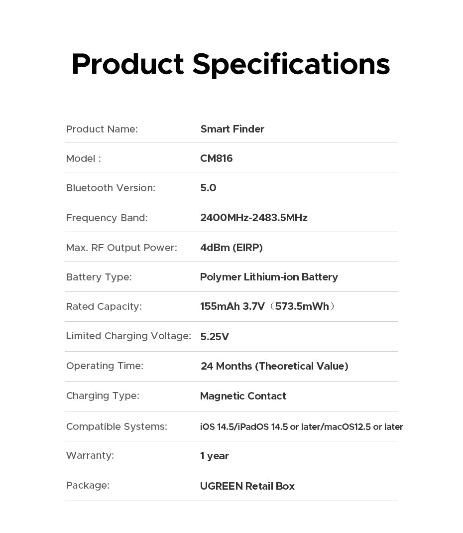 UGREEN Smart Tracker Apple FMN Anti-lost Device Basic Black Plastic Universal Structure Button Battery FMN Certification for IOS iPhone 16 15 13 Series