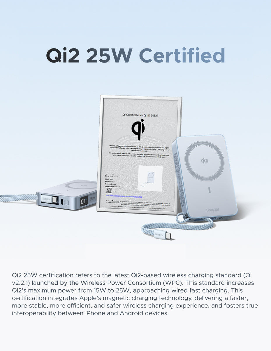 [3C Certified] UGREEN Qi2 25W MagFlow Magnetic Wireless Power Bank 10000mAh 30W PD Fast Charge with Built-in USB-C Cable, MagSafe Compatible for iPhone 16 15 14 Pro Max, Samsung S25 S24 Ultra