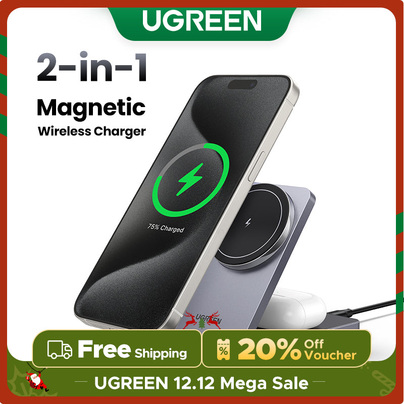 UGREEN 2-in-1 20W MagFlow Wireless Charger, 15W Fast Charging Stand for iPhone 16/15/14 Pro Max, 7.5W for iPhone 16/15 Plus, Compatible with AirPods Pro/Max, Xiaomi Air, Samsung S24 Ultra/S23, Galaxy Buds, Earphones, Phone Holder Included