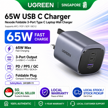 UGREEN 65W USB-C Foldable GaN Charger, 3-Port PD 3.0 Fast Charging Adapter for MacBook Pro, Dell XPS, iPhone 16 Pro Max, iPad Air/Pro, Galaxy S24 Ultra, Steam Deck, Switch, Foldable & Compact Travel Charger with Smart Power Distribution Safety Protection