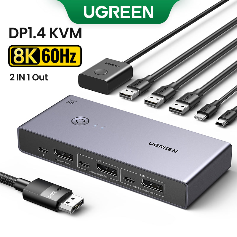 UGREEN DisplayPort KVM Switch 8K60Hz DP USB 3.0 with 3 USB ,1 Type-C Switch 2 Ports for 2 Computers Share 1 Monitor Keyboard Mouse Hard Drives Printer with 2 DP Cables, 2 USB Cables and Controller