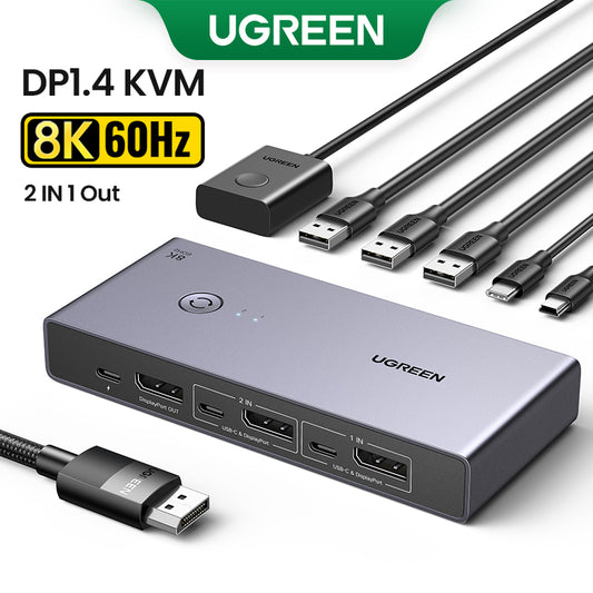 UGREEN DisplayPort KVM Switch 8K60Hz DP USB 3.0 with 3 USB ,1 Type-C Switch 2 Ports for 2 Computers Share 1 Monitor Keyboard Mouse Hard Drives Printer with 2 DP Cables, 2 USB Cables and Controller