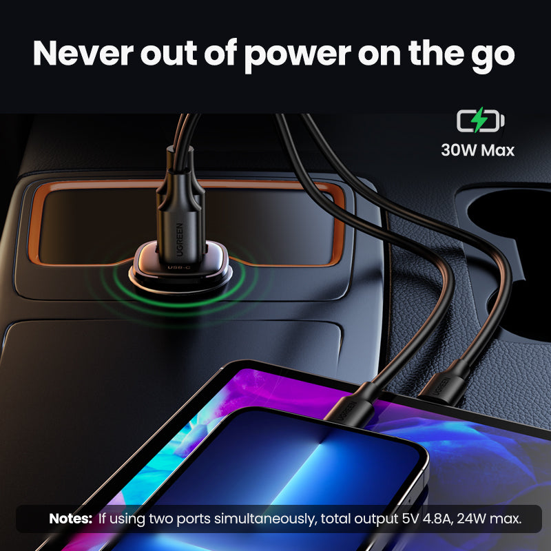 UGREEN 25845 30W USB C Car Charger, 2 Port Car Charger PD 30W/SCP 22.5W, Mini Car USB Charger with LED Light