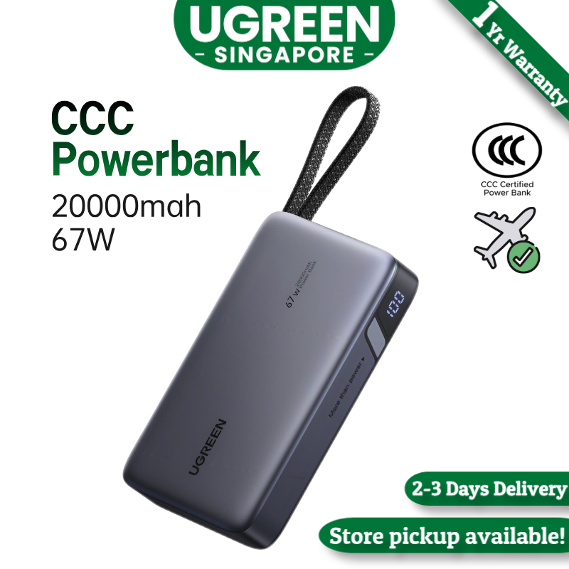 （3C Certification）UGREEN 85166B 20000mAh 67W Fast Charging Power Bank – 3C Certified with Built-in USB-C Cable