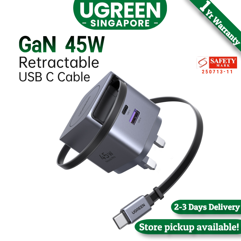 UGREEN Nexode 45W 3 in 1 Compact GaN Charger, Retractable USB C Fast Wall Charger Compatable for iPhone 16/15/14/13/12/11 Series, Galaxy, Pixel, iPad