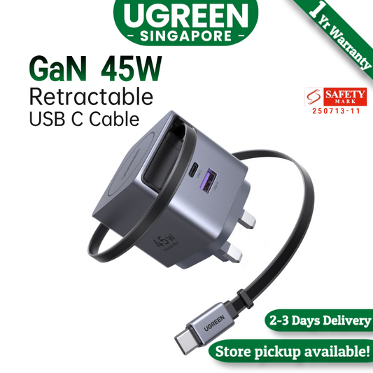 UGREEN Nexode 45W 3 in 1 Compact GaN Charger, Retractable USB C Fast Wall Charger Compatable for iPhone 16/15/14/13/12/11 Series, Galaxy, Pixel, iPad