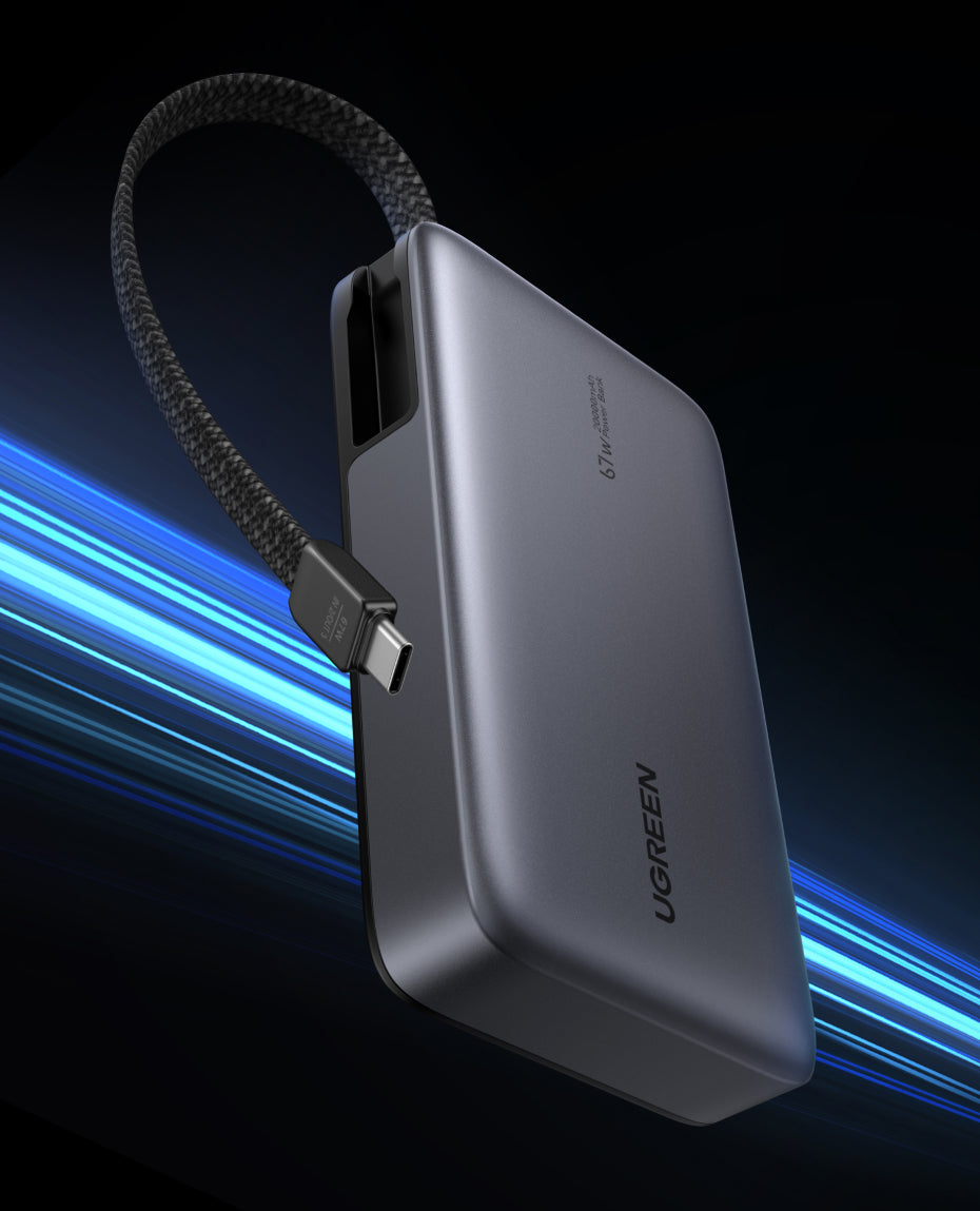 （3C Certification）UGREEN 85166B 20000mAh 67W Fast Charging Power Bank – 3C Certified with Built-in USB-C Cable