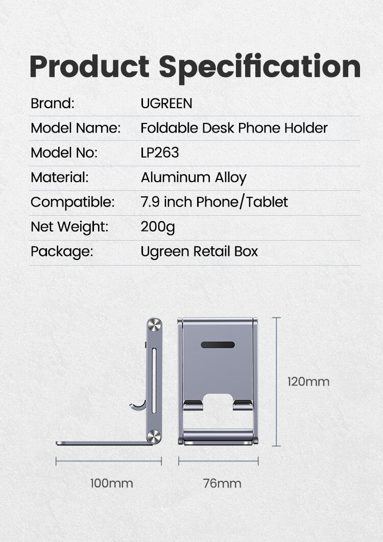 UGREEN 80708 Cell Phone Stand Adjustable Aluminum Mobile Phone Holder for Desk