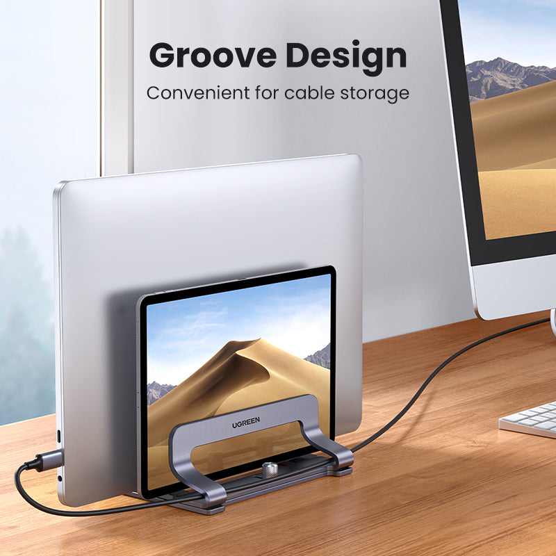 UGREEN Vertical Laptop Stand for Desk, Dual Slot Aluminum Holder, Adjustable Dock, Compatible with MacBook, Chromebook, up to 17.3 Inch, Grey