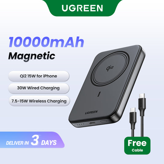 UGREEN 10000mAh PD 20W/30W Powerbank USB Type C Magnetic 15W Qi2 Wireless Charging Power Bank Portable Charger Compatible for iPhone 16 15 Pro Max iPhone 16 15 Plus Airpods Samsung S25 Ultra S24 Pixel Huawei Honor Xiaomi 36Wh