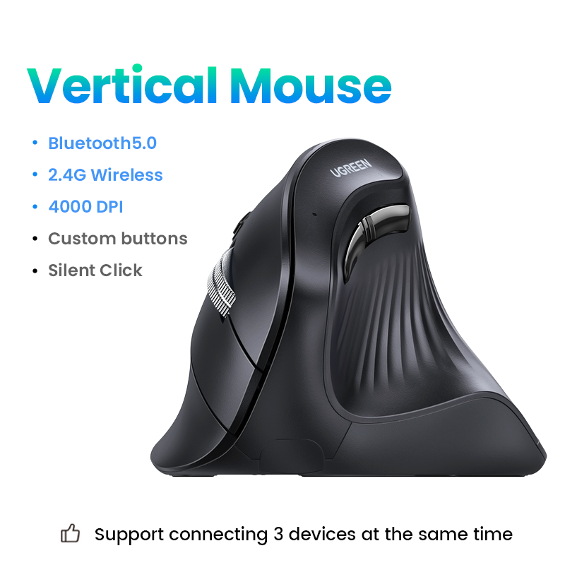 UGREEN Vertical Ergonomic Mouse, Bluetooth & 2.4G, Quiet clicks, 5 Buttons, 4000 DPI Wireless Mouse 4 Adjustable DPI, Silent Mouse for Laptop, Mac, Chromebook, PC, Windows, Black