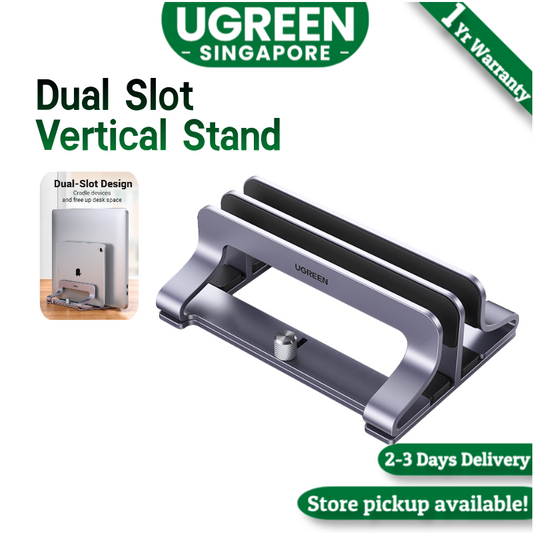 UGREEN Vertical Laptop Stand for Desk, Dual Slot Aluminum Holder, Adjustable Dock, Compatible with MacBook, Chromebook, up to 17.3 Inch, Grey