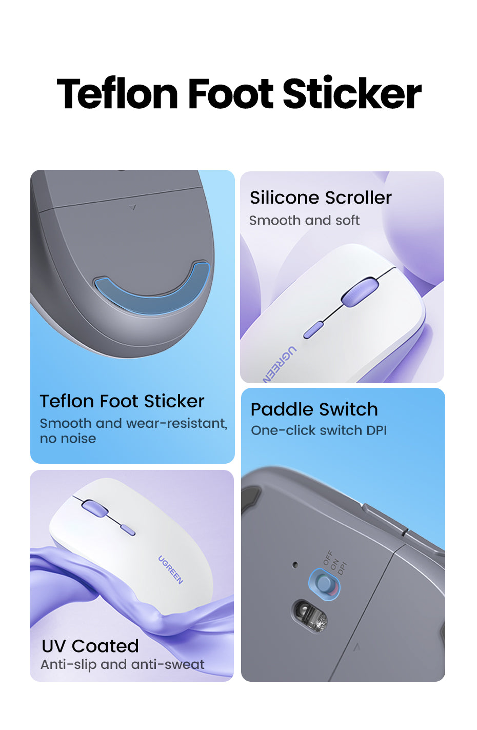 UGREEN Wireless Mouse Bluetooth & 2.4GHz Mice Ergonomic 4000DPI 6 Mute Buttons for Laptop Computer Desktop WIndows Mac OS Mouse