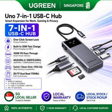 UGREEN Uno 7-in-1 USB-C Hub with One-Click Screen Lock & 20W PD Fast Charging (4K@60Hz)
