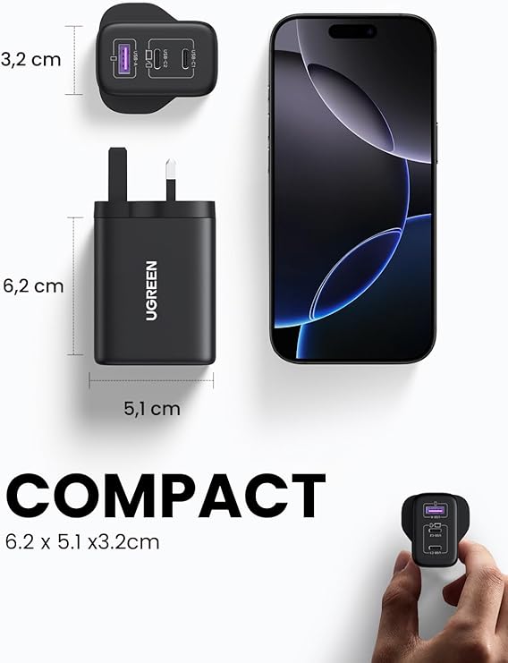 UGREEN 65W 3-Port GaN Fast USB-C Charger Adapter with PPS for MacBook/Air, iPad Pro/Air, iPhone 15/16 Pro Max, Galaxy S25 Ultra - Travel Wall Charger with 24h Protection