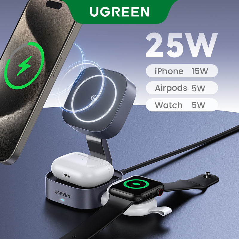 UGREEN 2-IN-1 25W MagFlow Wireless Charger for iPhone 16 15 Pro Max iPhone 16 15 Plus AirPods Pro/Max Xiaomi Samsung S25 S24 Ultra Samsung Earphone Huawei