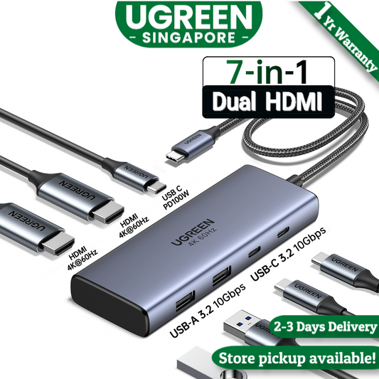 UGREEN Dual Monitor USB C Hub 7 in 1 Dock Dual HDMI 4K60Hz Single 100W PD 10Gbps USB C and USB A Data Ports USB C Docking Station for Dell XPS, ThinkPad and More