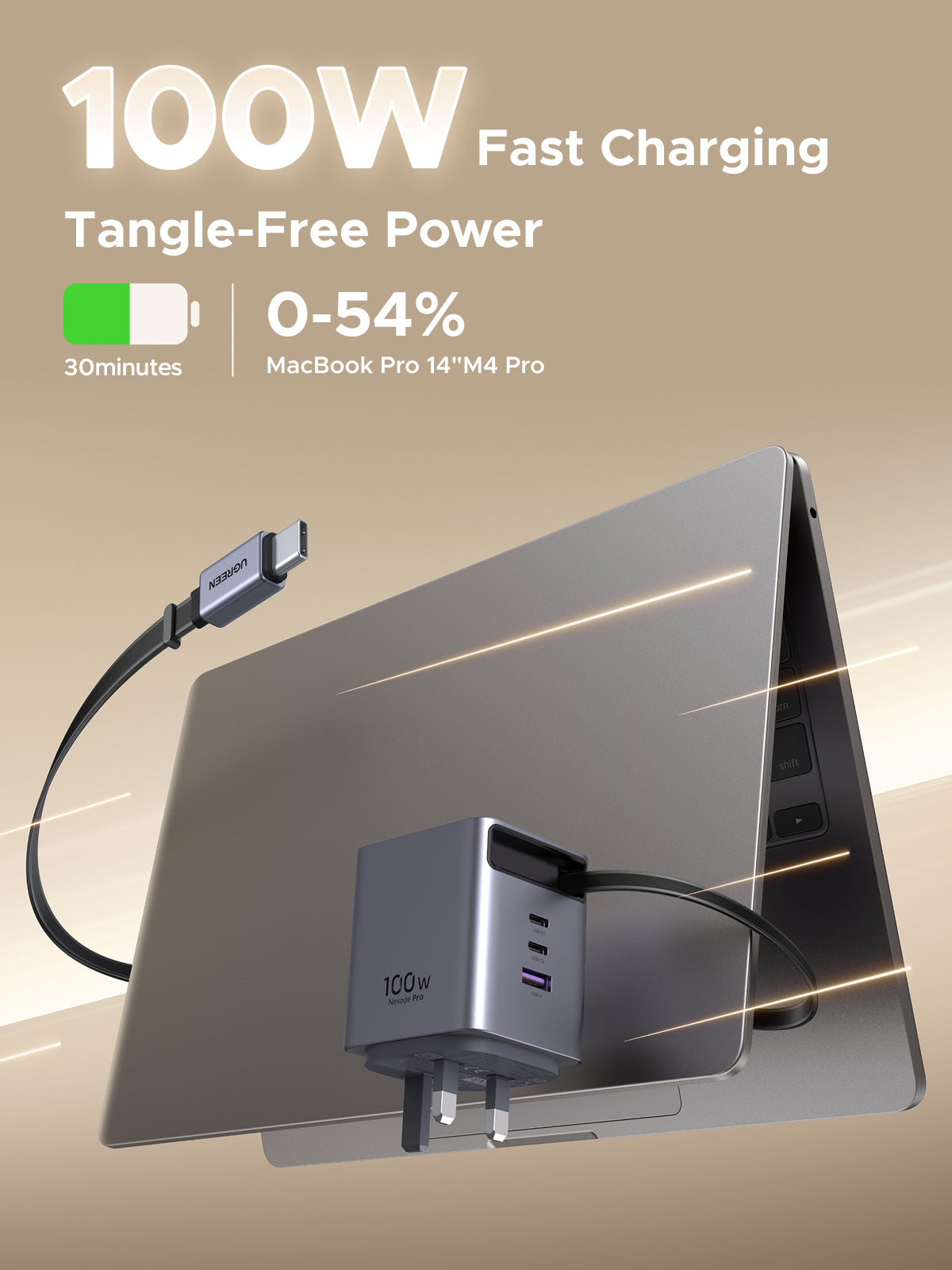 UGREEN Nexode Pro 100W USB C Charger 2C1A with Built-in Retractable Cable(0.75m) GaN Fast Wall Charger for MacBook Pro/Air, iPhone 17 Pro Max/16/15, iPad, Galaxy S25 Ultra/S24
