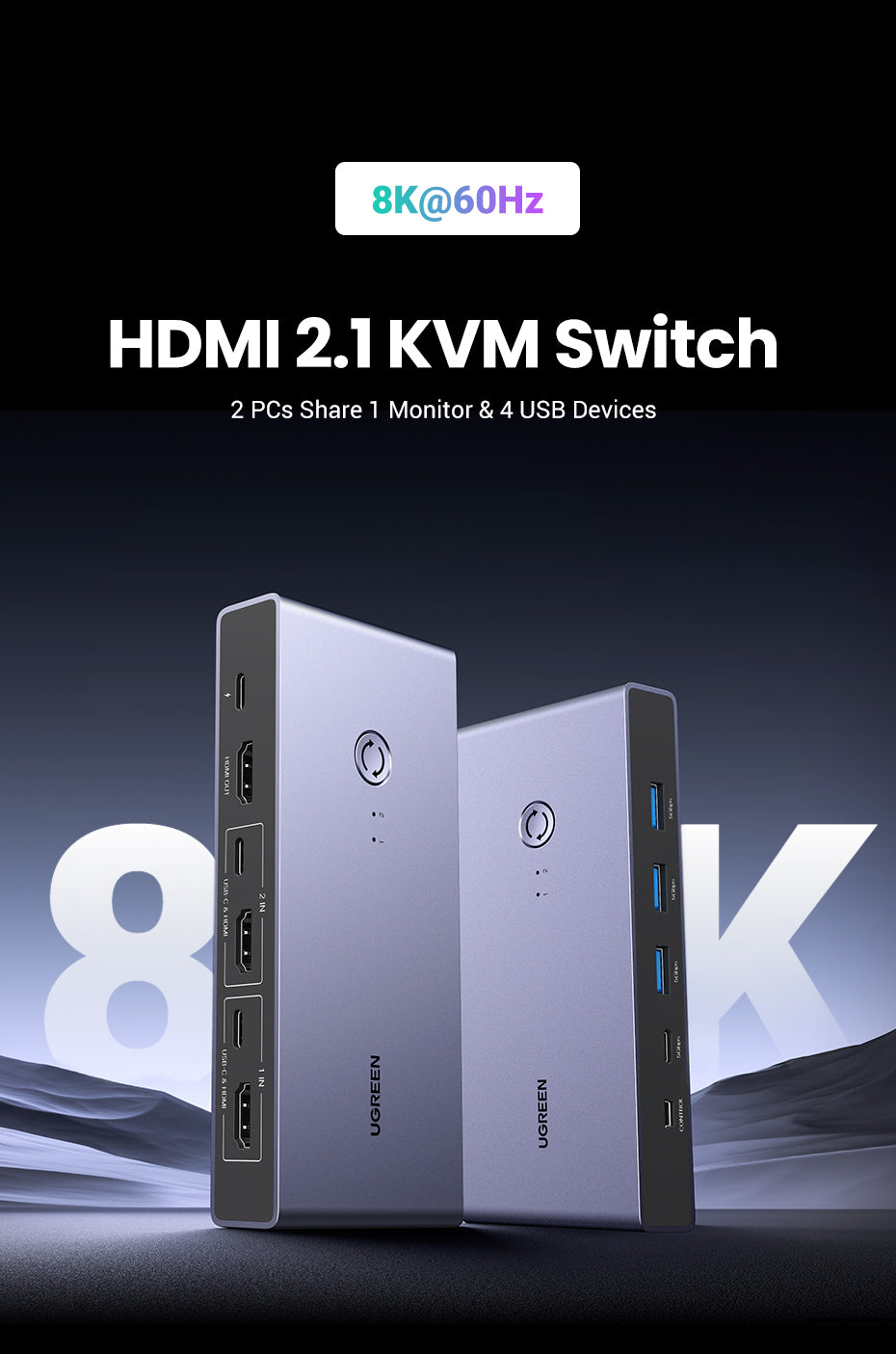 UGREEN HDMI 2.1 KVM Switcher Box 8K60Hz USB 3.0 5Gbps Ultra HD HDMI for Monitor Sharing Model:25961