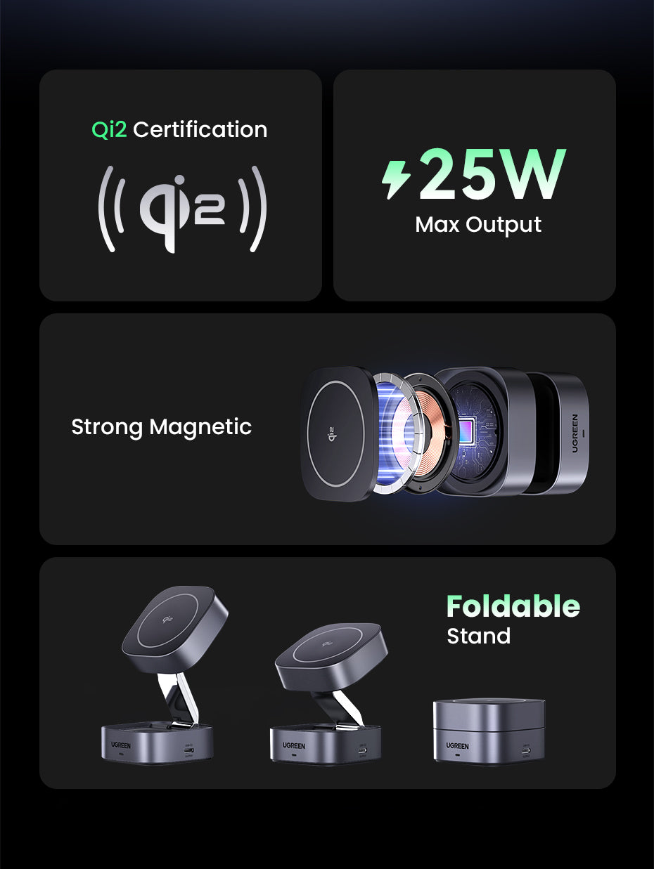 UGREEN 2-IN-1 25W MagFlow Wireless Charger for iPhone 16 15 Pro Max iPhone 16 15 Plus AirPods Pro/Max Xiaomi Samsung S25 S24 Ultra Samsung Earphone Huawei