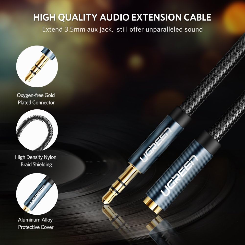 UGREEN 50439 3.5mm Extension Audio Cable Male to Female Aux Cable Headphone Cable 3.5mm Male to 3.5mm Female Extension Cable Nylon Braid Gold Plated