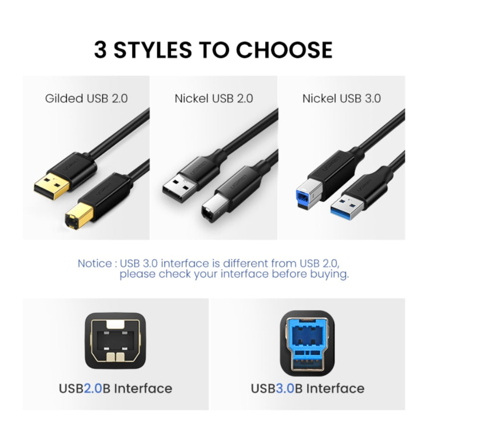 UGREEN 10372 USB 3.0 Printer Cable Scanner A Male to B Male 2m USB 3.0 AM To BM Data Cable