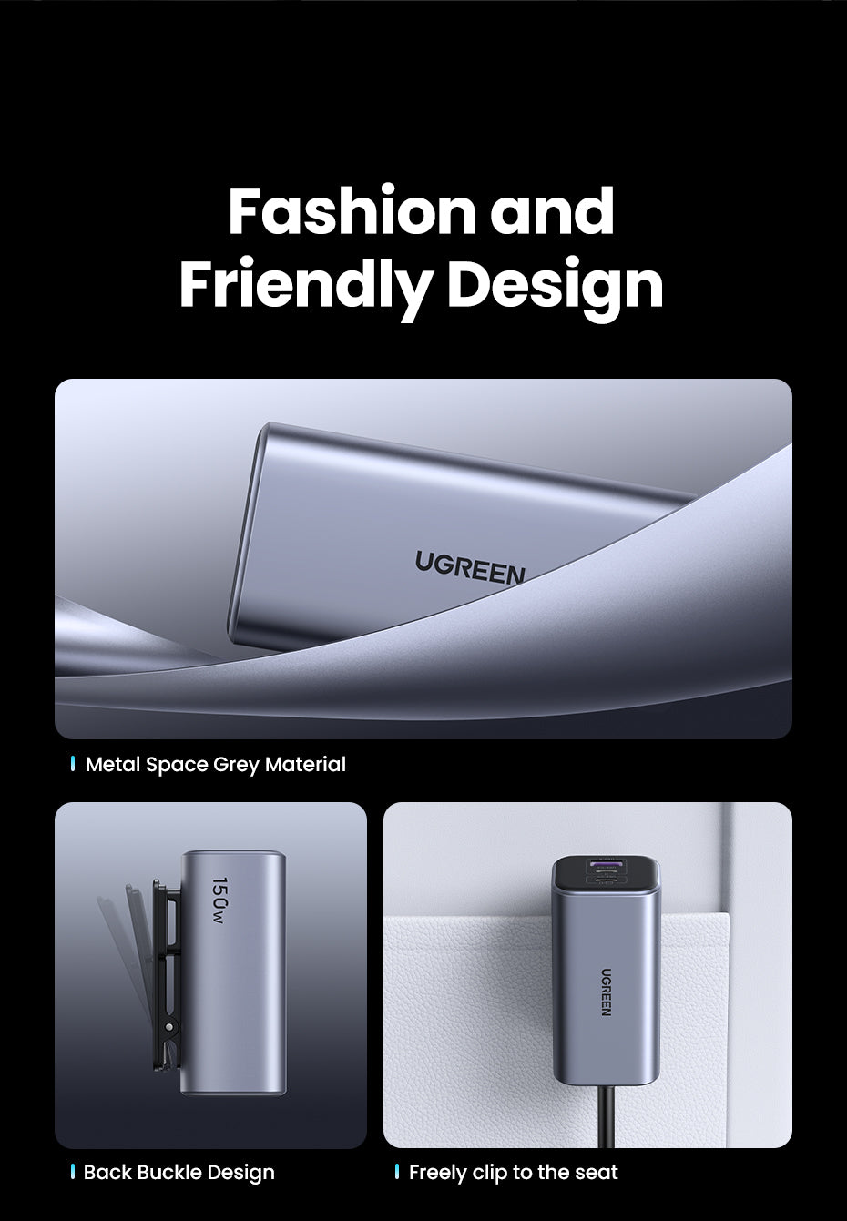 UGREEN 150W GaN Car Charger Type C with Adapter for iPhone 17 16 15 14 13 Pro Max Samsung S24 S23 Ultra Macbook Laptop