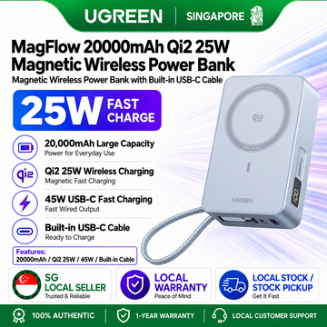 UGREEN MagFlow 20000mAh Qi2 25W Magnetic Wireless Power Bank 45W USB C Fast Charging Built-in Cable for iPhone MagSafe