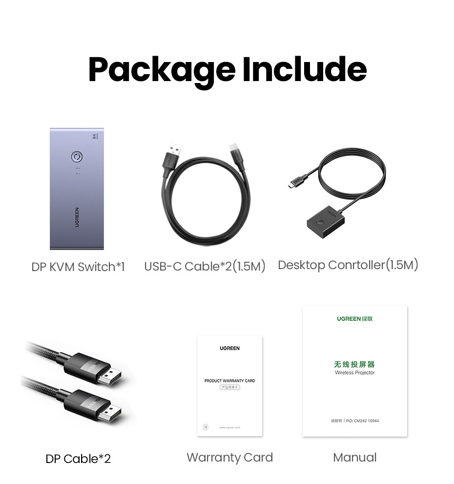UGREEN DisplayPort KVM Switch 8K60Hz DP USB 3.0 with 3 USB ,1 Type-C Switch 2 Ports for 2 Computers Share 1 Monitor Keyboard Mouse Hard Drives Printer with 2 DP Cables, 2 USB Cables and Controller