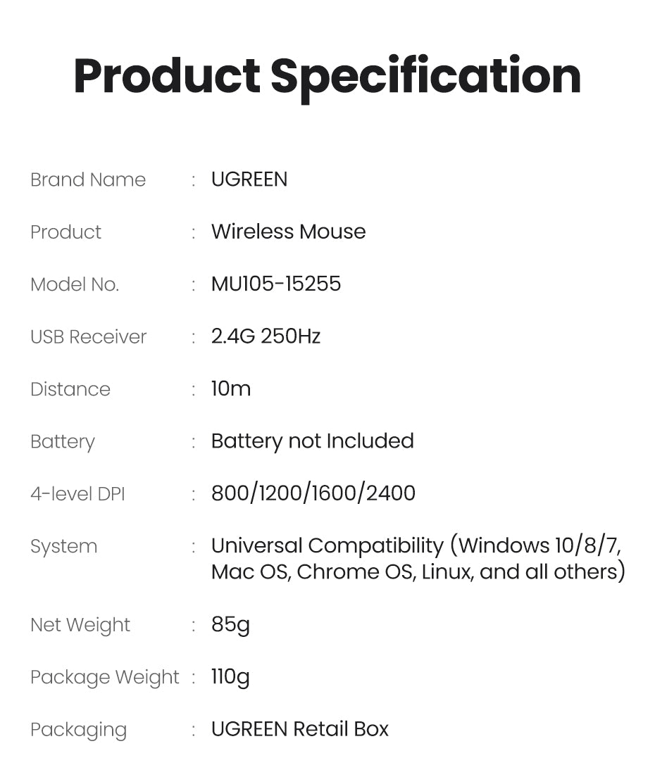 UGREEN 2.4G Wireless Silent Mouse 2400DPI Ergonomic Design Mouse with USB Mini Receiver Ambidextrous PC / Mac / Laptop
