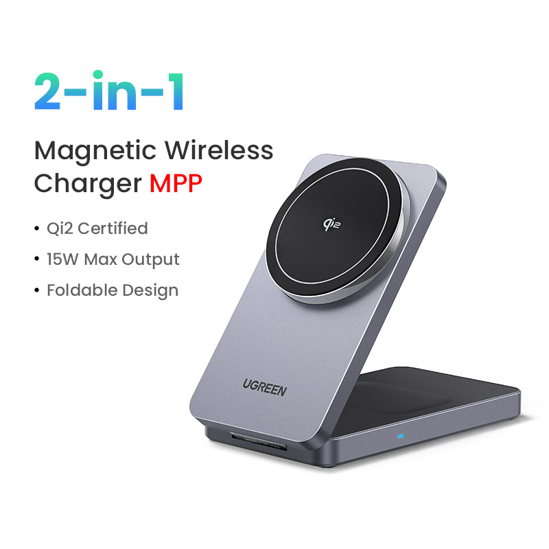 UGREEN 2-in-1 20W MagFlow Wireless Charger, 15W Fast Charging Stand for iPhone 16/15/14 Pro Max, 7.5W for iPhone 16/15 Plus, Compatible with AirPods Pro/Max, Xiaomi Air, Samsung S24 Ultra/S23, Galaxy Buds, Earphones, Phone Holder Included